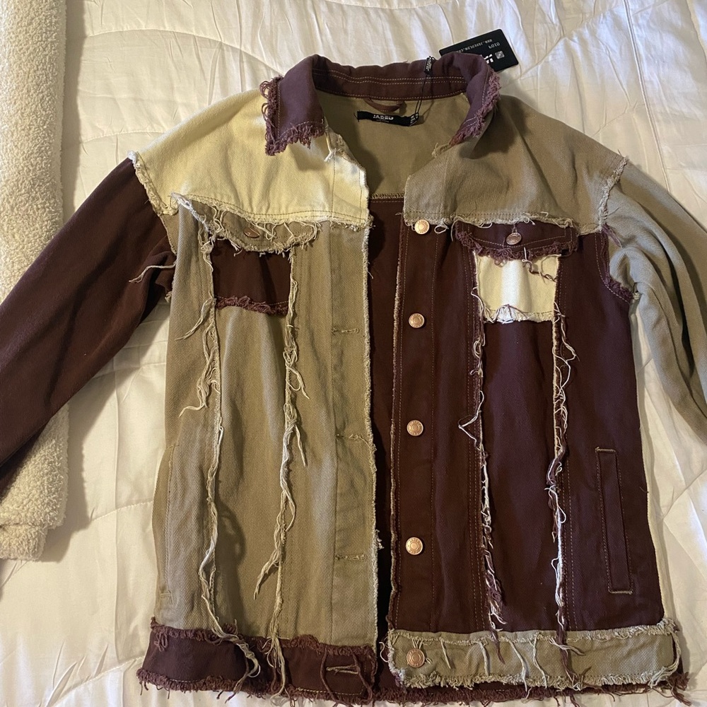 Jaded London patchwork denim jacket in brown